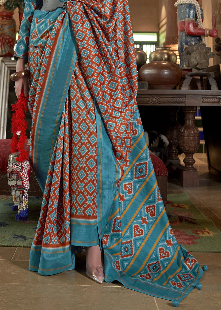 Cerulean Blue Silk Saree with Traditional Double Ikat Print
