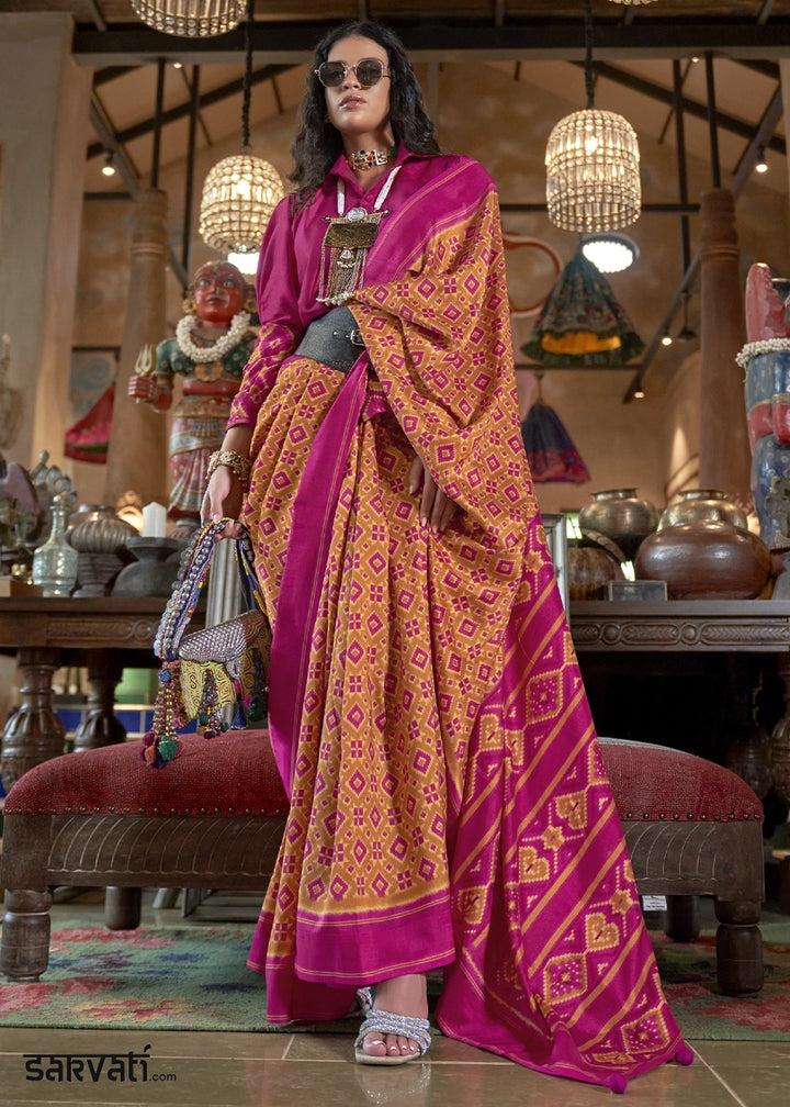 Mustard Orange & Pink Silk Saree with Traditional Double Ikat Print