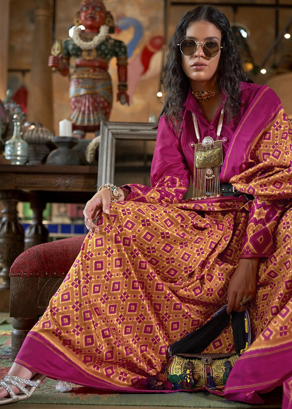 Mustard Orange & Pink Silk Saree with Traditional Double Ikat Print