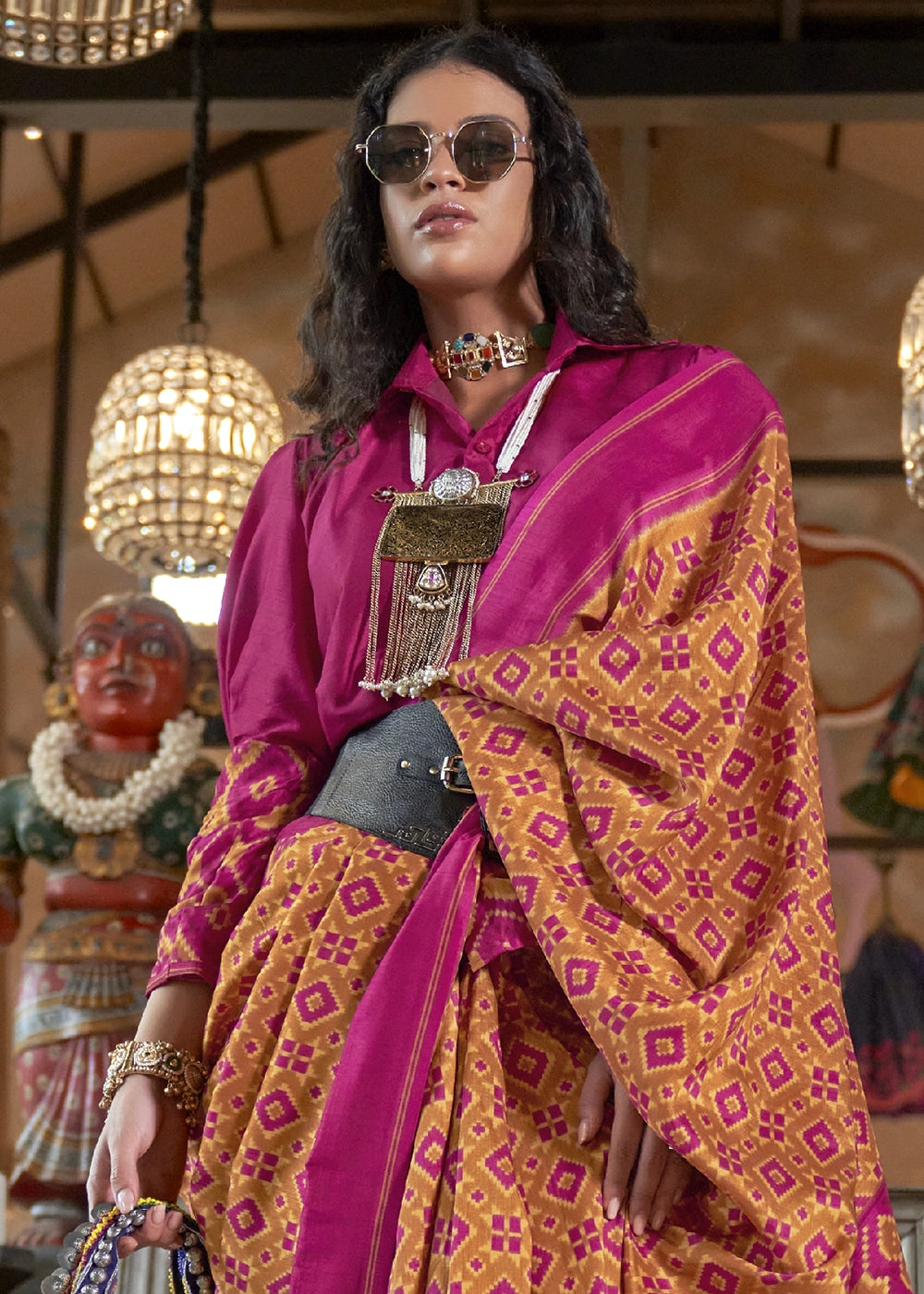 Mustard Orange & Pink Silk Saree with Traditional Double Ikat Print