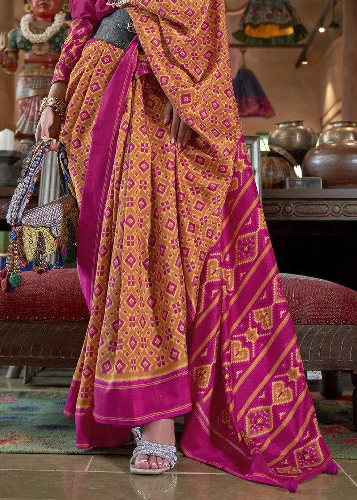 Mustard Orange & Pink Silk Saree with Traditional Double Ikat Print