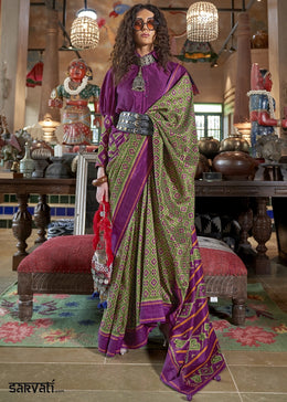 Mantis Green & Purple Silk Saree with Traditional Double Ikat Print