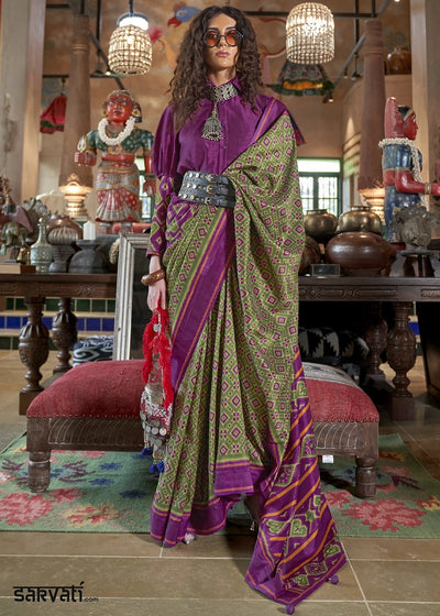 Mantis Green & Purple Silk Saree with Traditional Double Ikat Print
