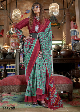 Teal Blue & Red Silk Saree with Traditional Double Ikat Print