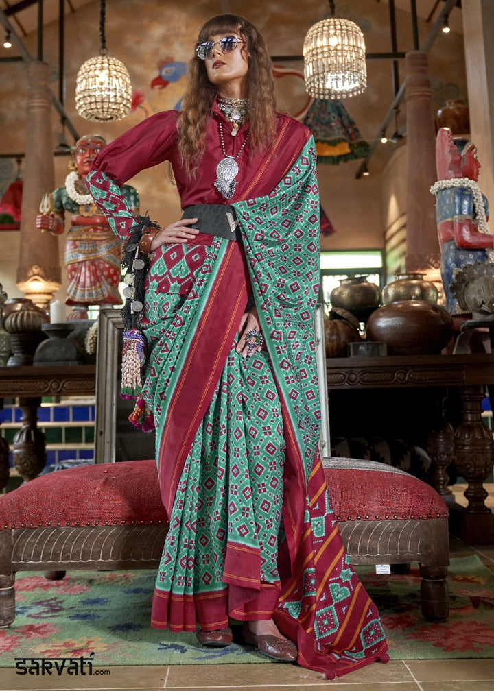 Teal Blue & Red Silk Saree with Traditional Double Ikat Print