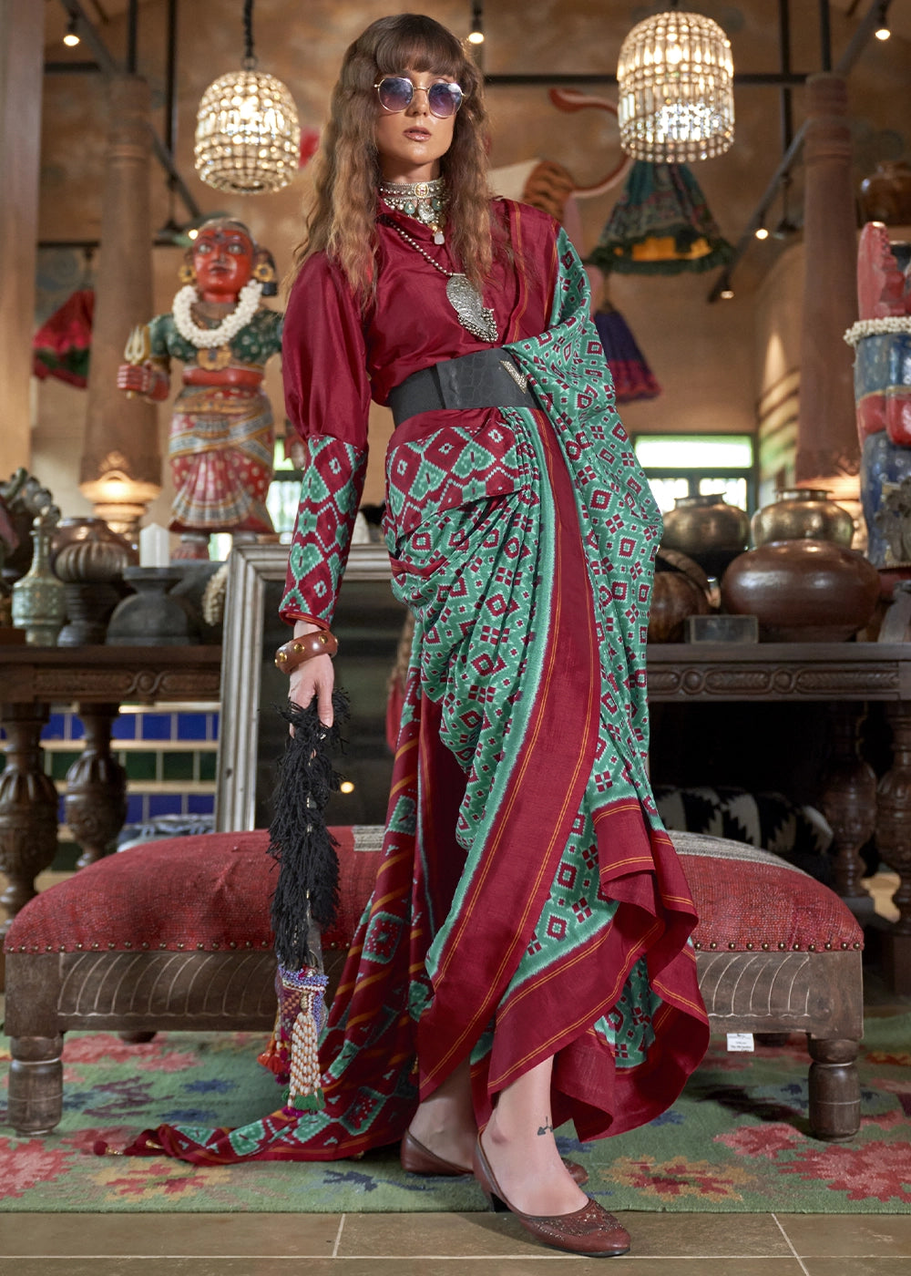 Teal Blue & Red Silk Saree with Traditional Double Ikat Print