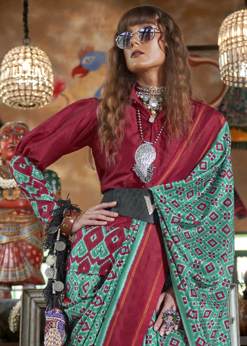 Teal Blue & Red Silk Saree with Traditional Double Ikat Print