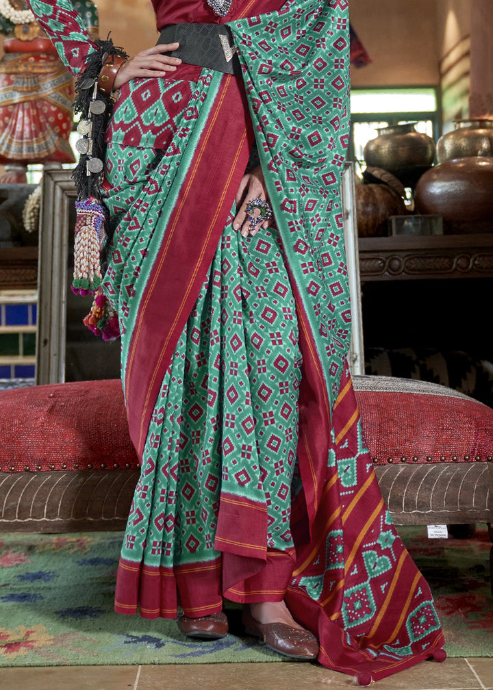 Teal Blue & Red Silk Saree with Traditional Double Ikat Print