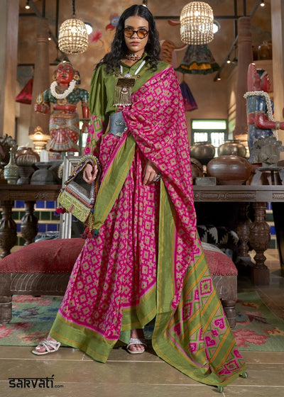 Hot Pink & Green Silk Saree with Traditional Double Ikat Print