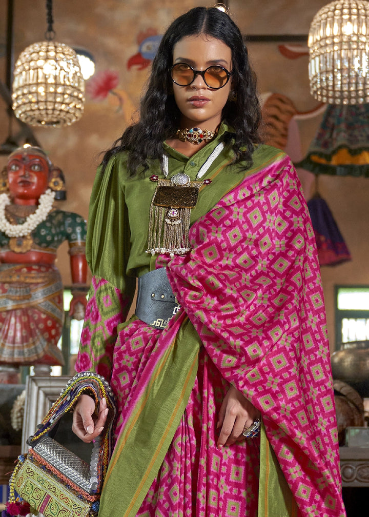 Hot Pink & Green Silk Saree with Traditional Double Ikat Print