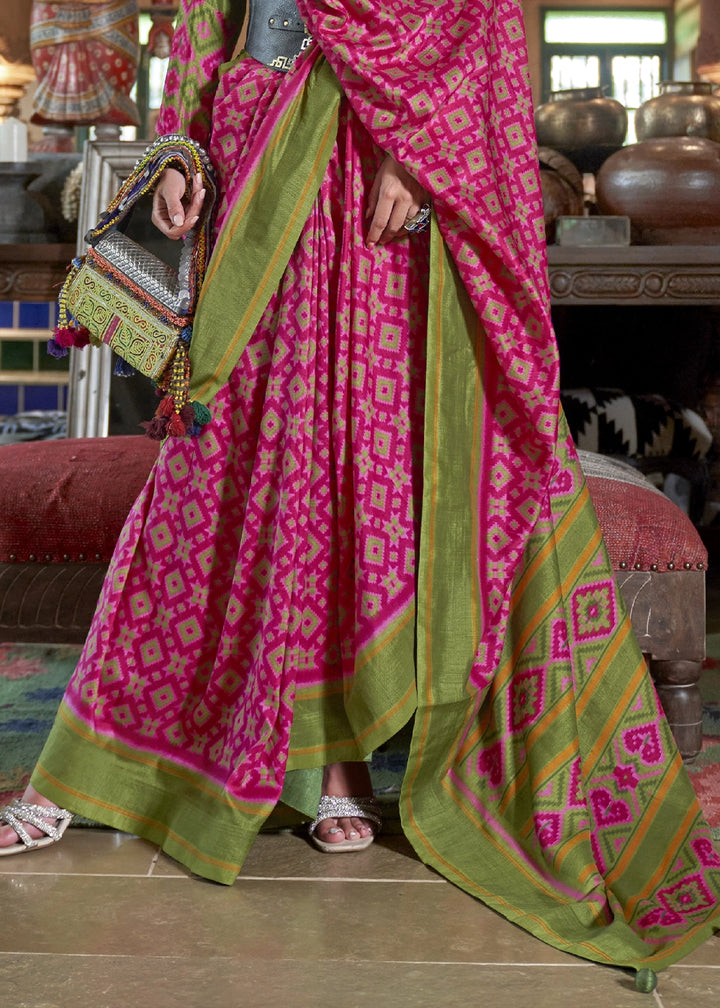 Hot Pink & Green Silk Saree with Traditional Double Ikat Print