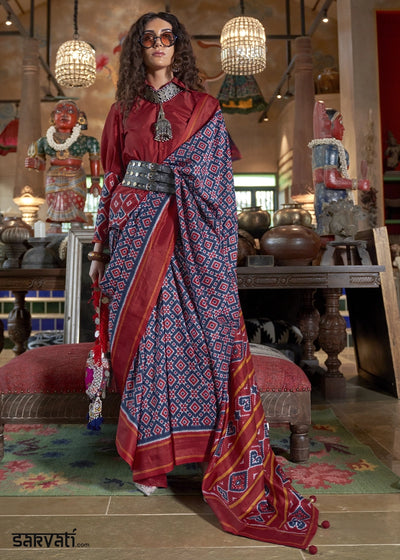 Navy Blue & Red Silk Saree with Traditional Double Ikat Print
