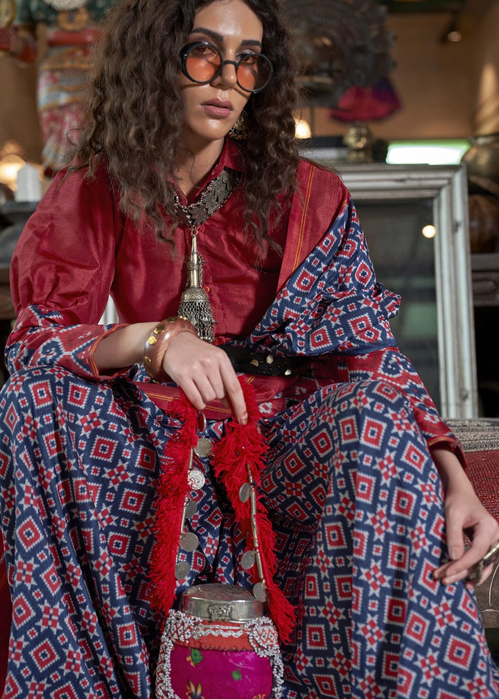 Navy Blue & Red Silk Saree with Traditional Double Ikat Print