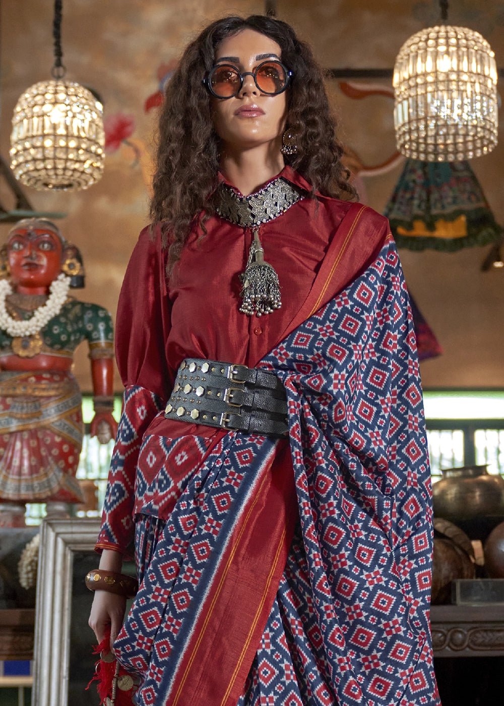 Navy Blue & Red Silk Saree with Traditional Double Ikat Print