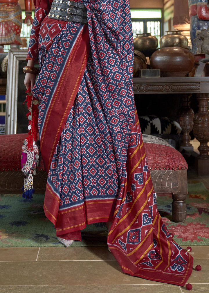 Navy Blue & Red Silk Saree with Traditional Double Ikat Print