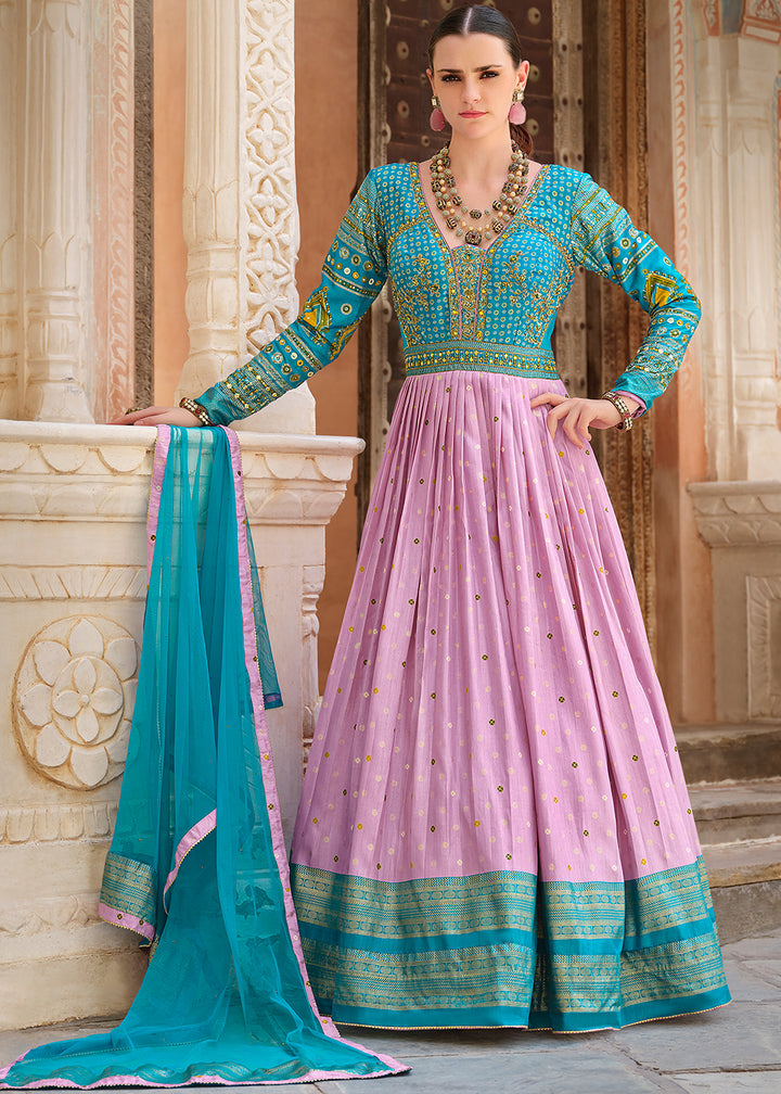 Blue & Purple Anarkali Gown with Luxurious Embroidery Work for Festive Occasions