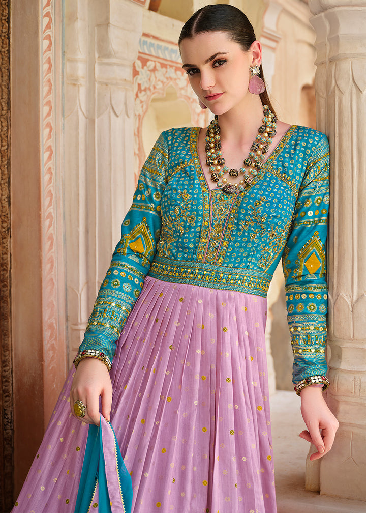 Blue & Purple Anarkali Gown with Luxurious Embroidery Work for Festive Occasions