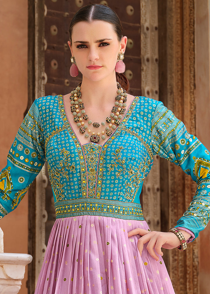 Blue & Purple Anarkali Gown with Luxurious Embroidery Work for Festive Occasions