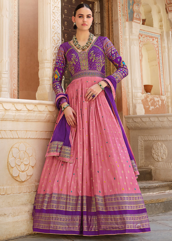 Purple & Pink Anarkali Gown with Luxurious Embroidery Work for Festive Occasions