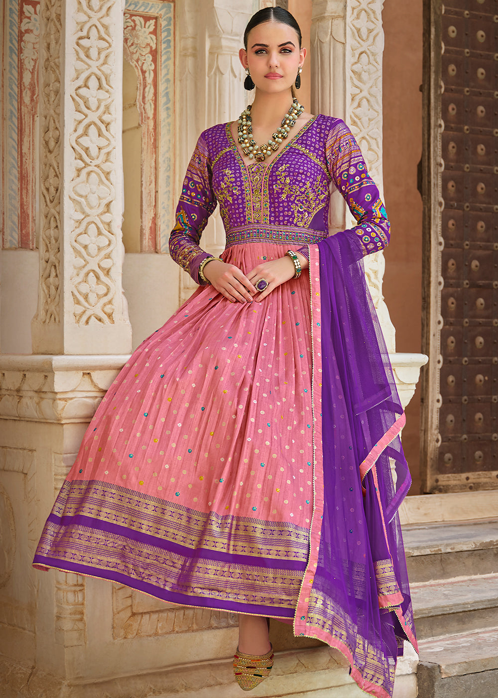 Purple & Pink Anarkali Gown with Luxurious Embroidery Work for Festive Occasions