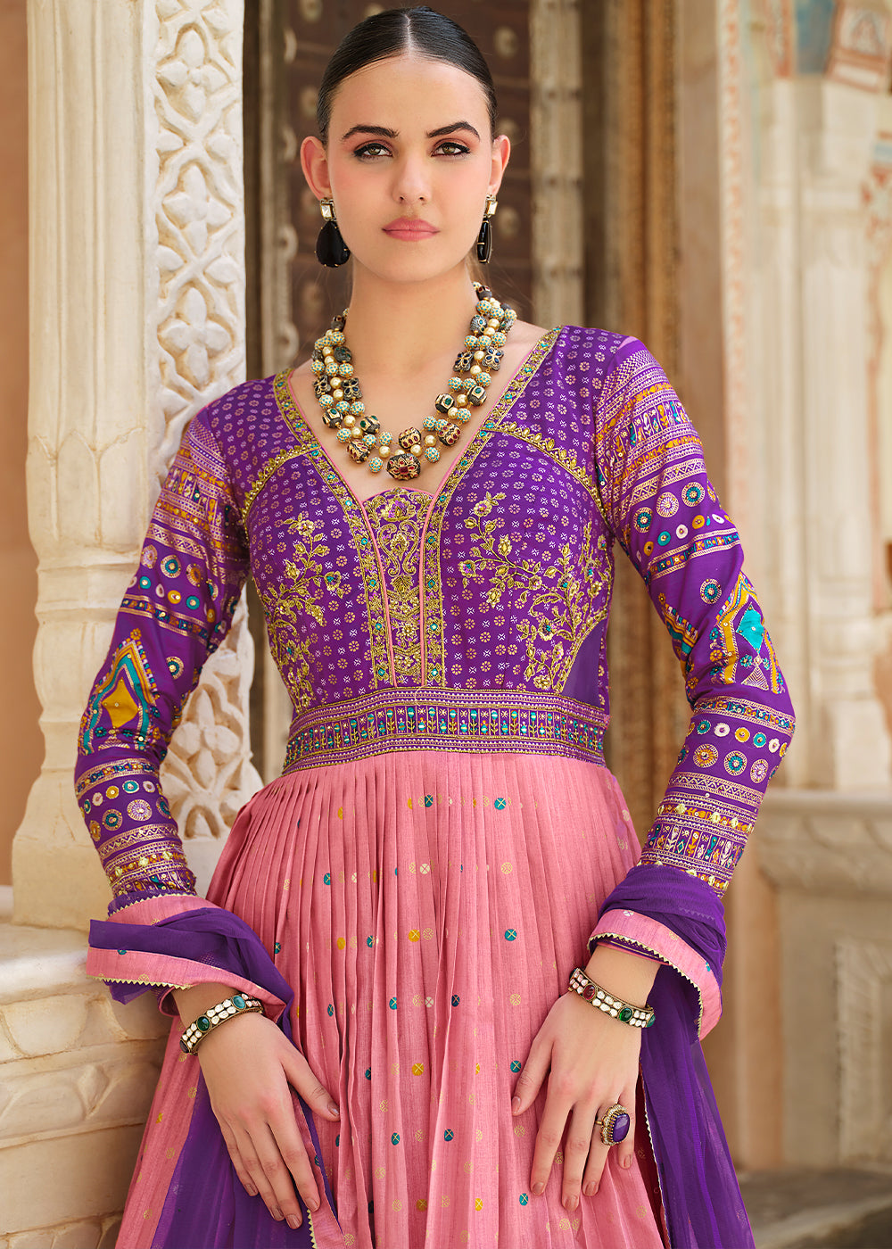 Purple & Pink Anarkali Gown with Luxurious Embroidery Work for Festive Occasions