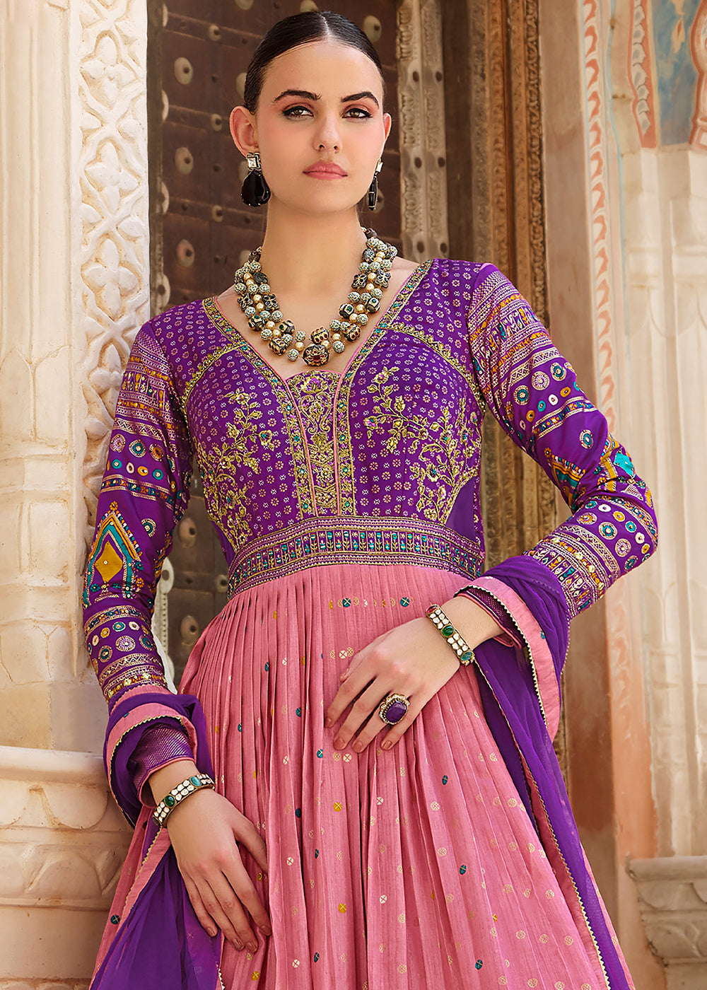 Purple & Pink Anarkali Gown with Luxurious Embroidery Work for Festive Occasions