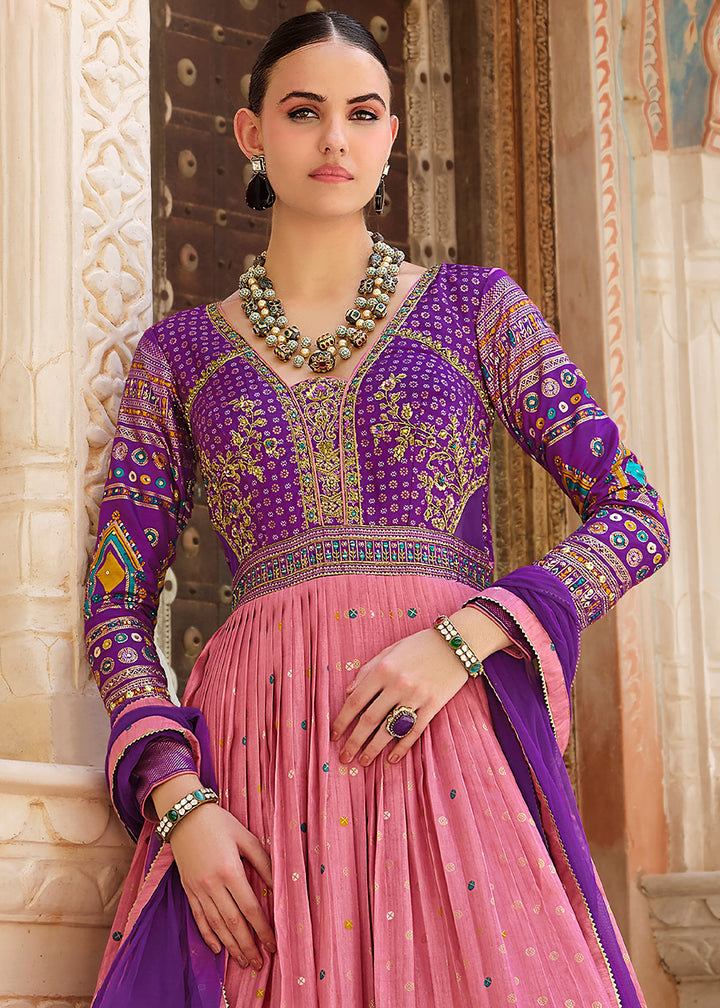 Purple & Pink Anarkali Gown with Luxurious Embroidery Work for Festive Occasions