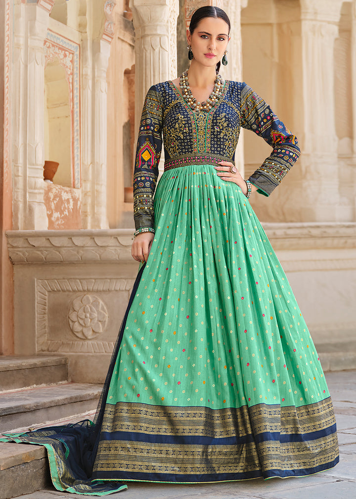 Blue & Green Anarkali Gown with Luxurious Embroidery Work for Festive Occasions