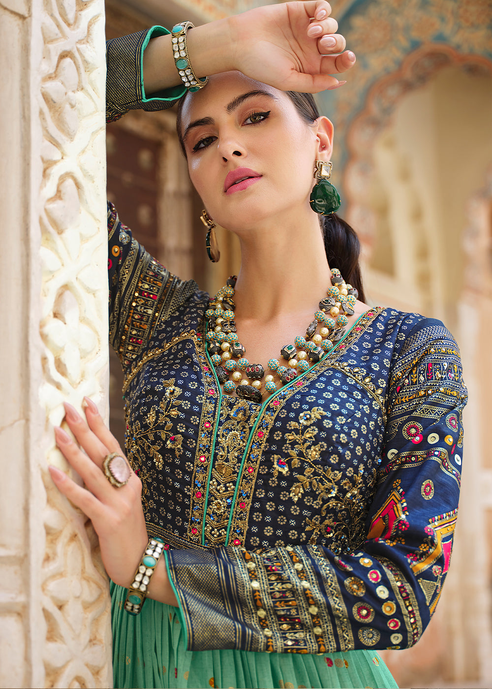 Blue & Green Anarkali Gown with Luxurious Embroidery Work for Festive Occasions