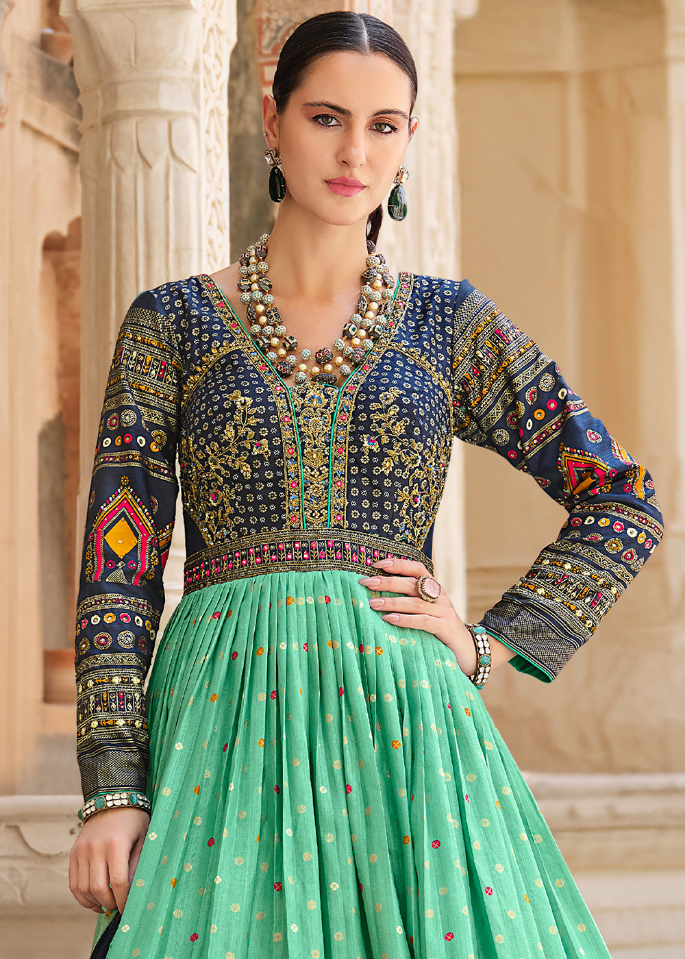 Blue & Green Anarkali Gown with Luxurious Embroidery Work for Festive Occasions