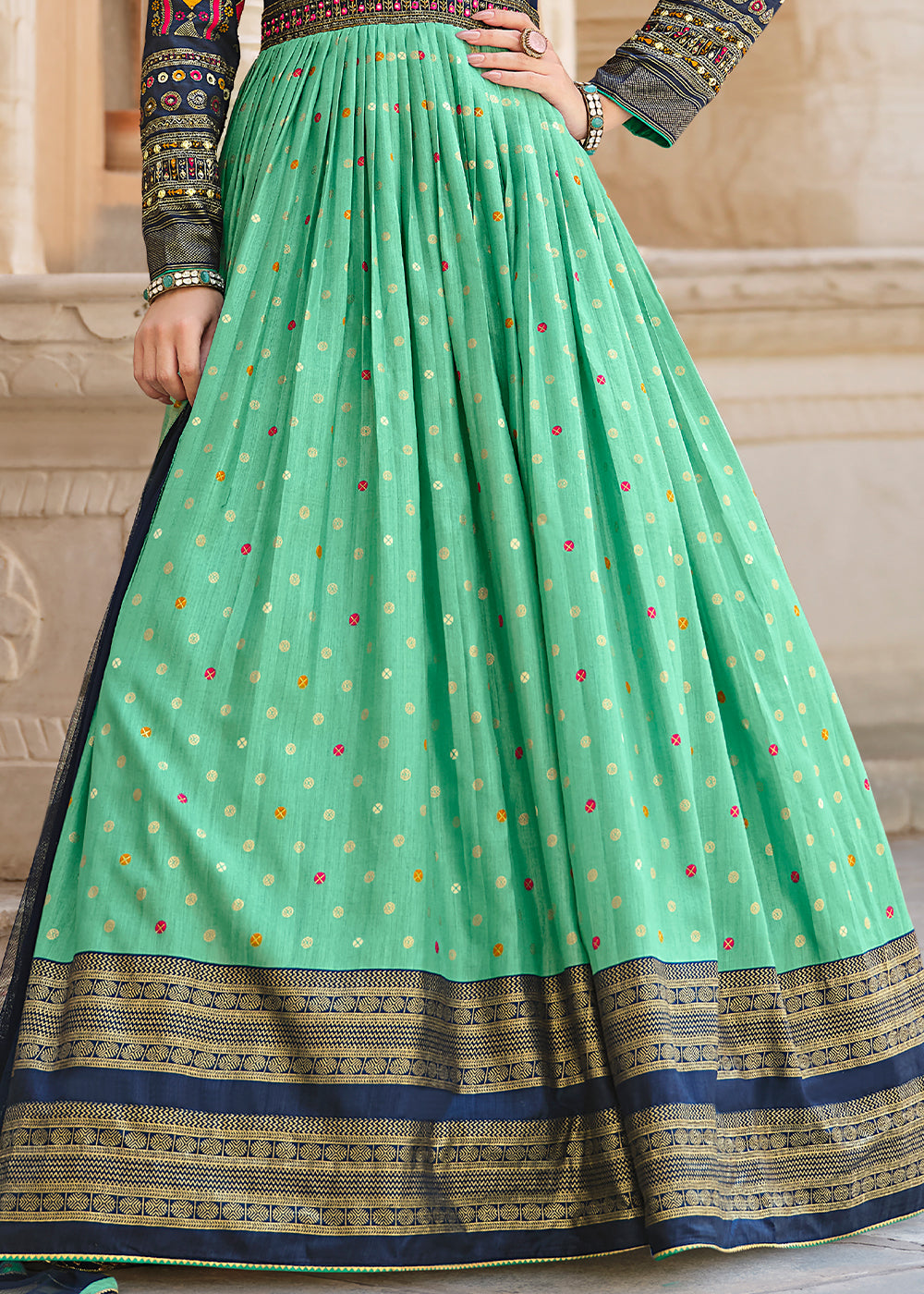 Blue & Green Anarkali Gown with Luxurious Embroidery Work for Festive Occasions