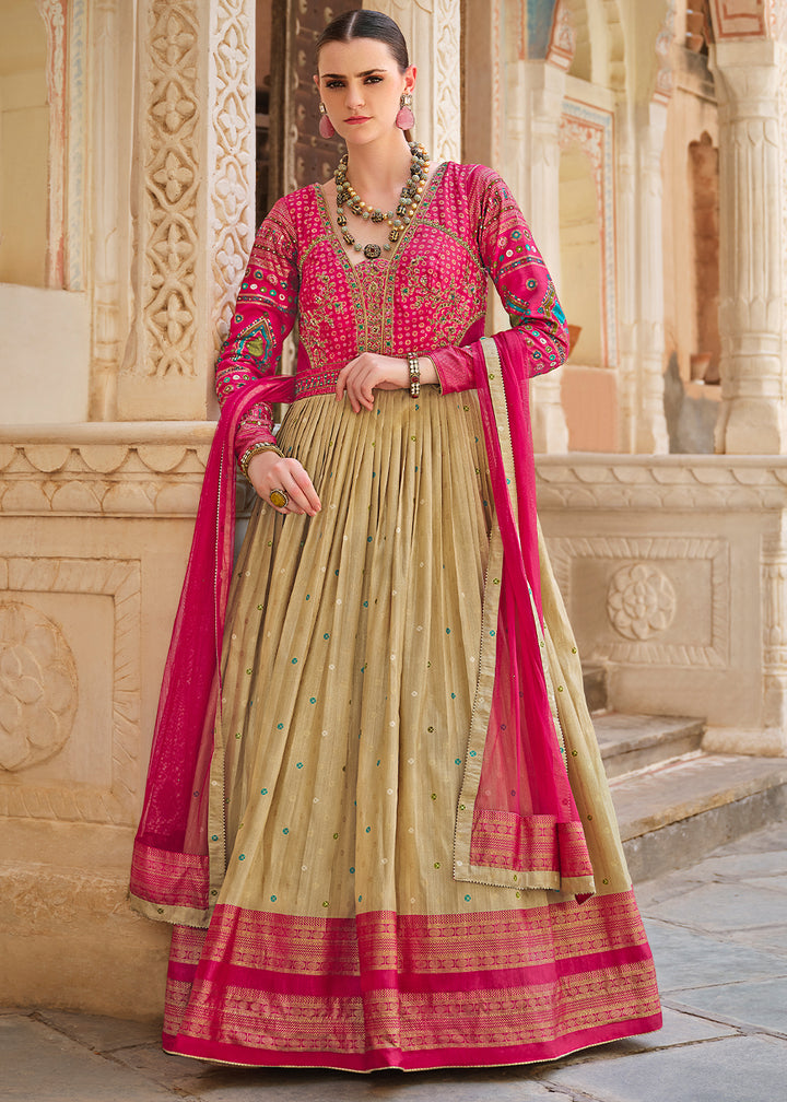 Pink & Green Anarkali Gown with Luxurious Embroidery Work for Festive Occasions