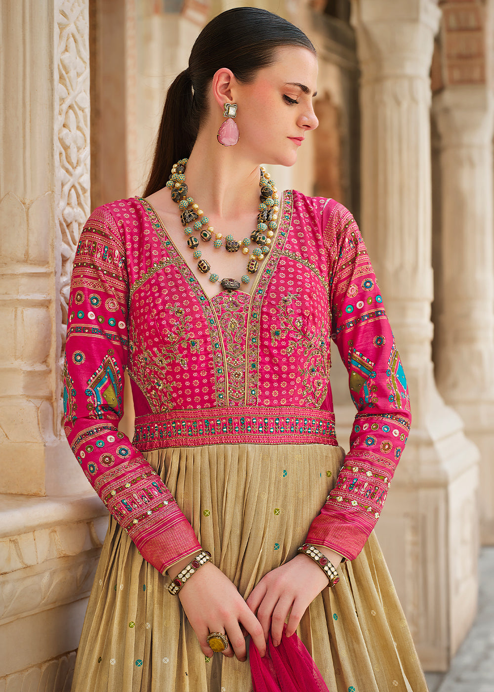 Pink & Green Anarkali Gown with Luxurious Embroidery Work for Festive Occasions