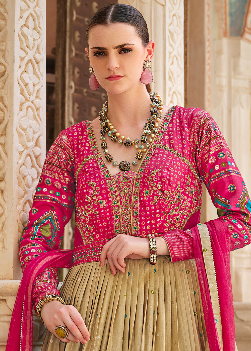 Pink & Green Anarkali Gown with Luxurious Embroidery Work for Festive Occasions