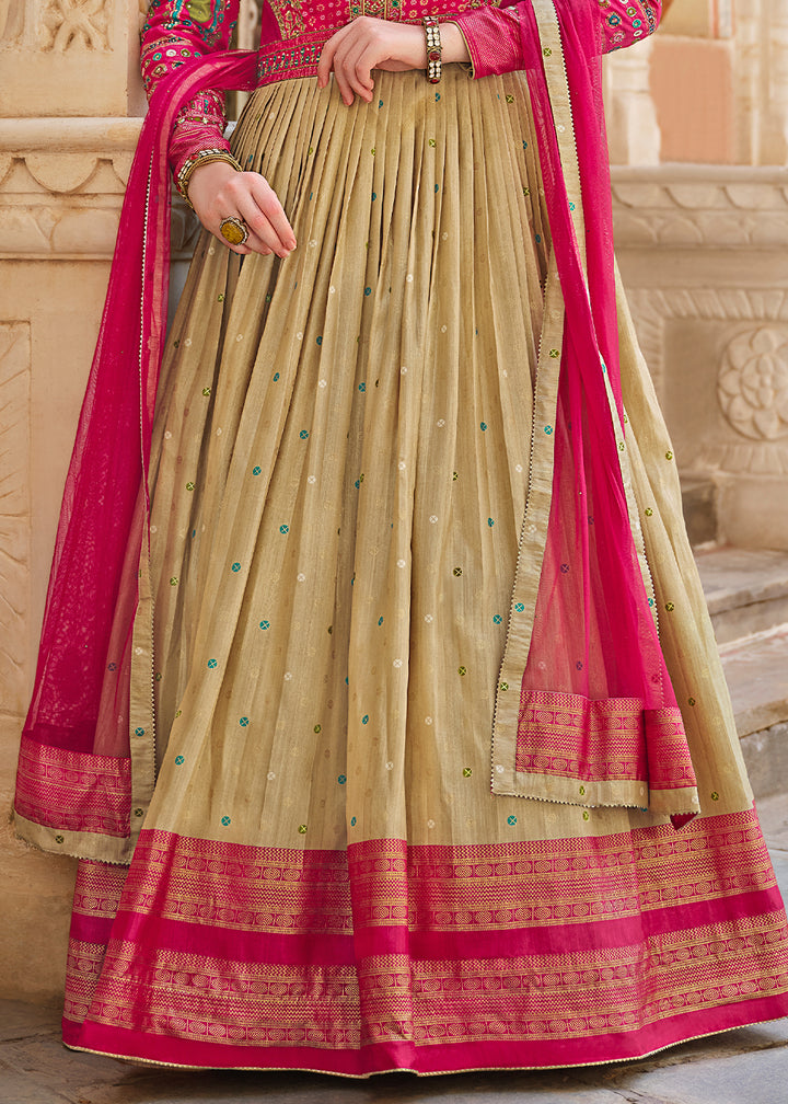 Pink & Green Anarkali Gown with Luxurious Embroidery Work for Festive Occasions