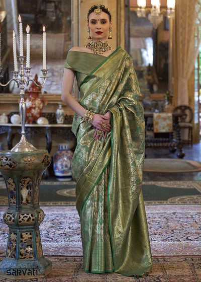 Metallic Green Tissue Silk Saree with Intricate Zari Weaving