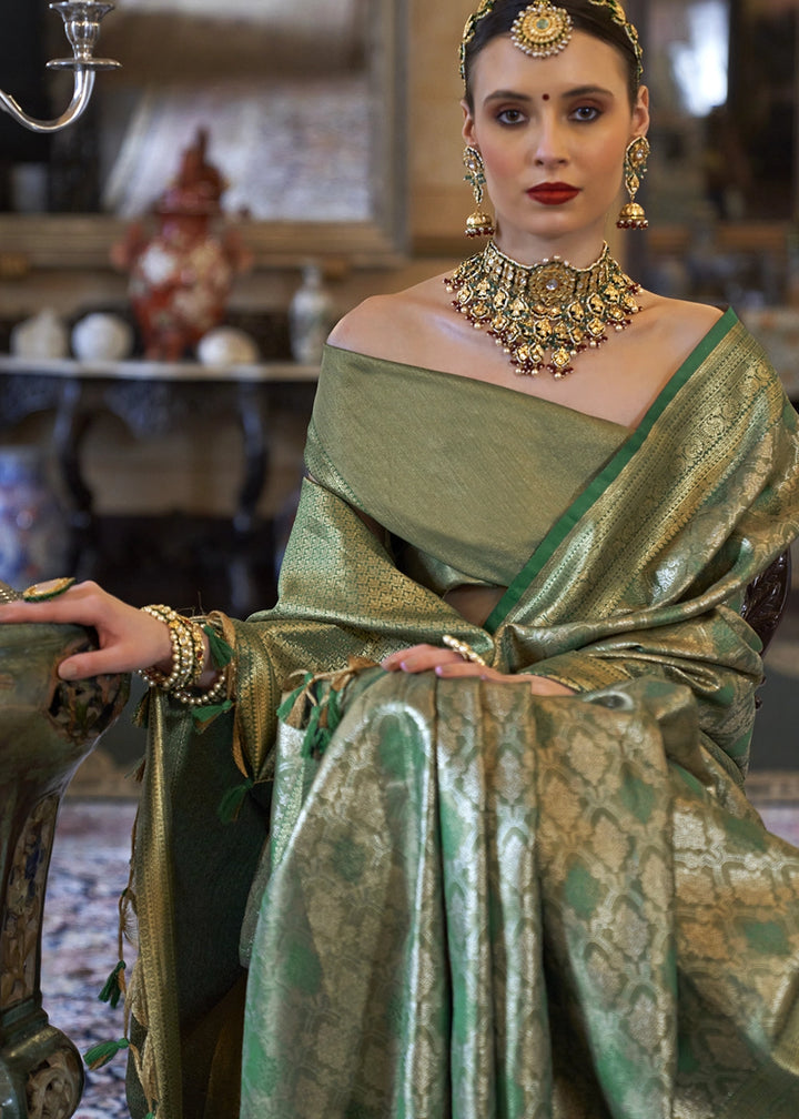 Metallic Green Tissue Silk Saree with Intricate Zari Weaving