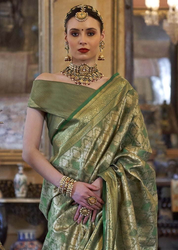 Metallic Green Tissue Silk Saree with Intricate Zari Weaving