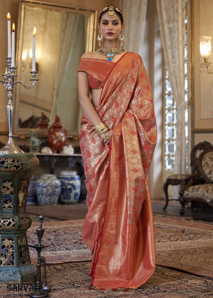 Metallic Orange Tissue Silk Saree with Intricate Zari Weaving