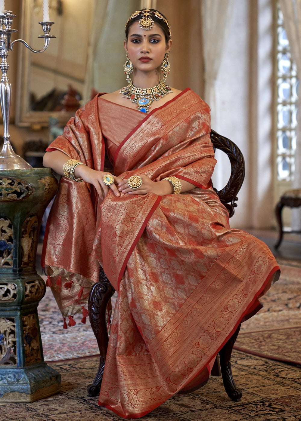 Metallic Orange Tissue Silk Saree with Intricate Zari Weaving