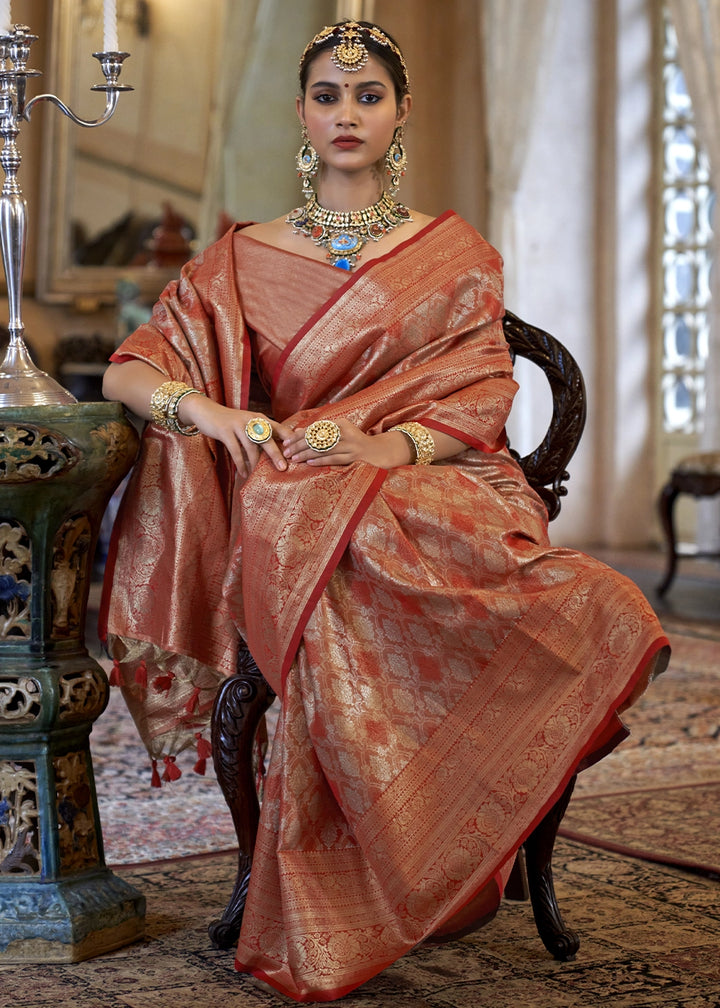 Metallic Orange Tissue Silk Saree with Intricate Zari Weaving