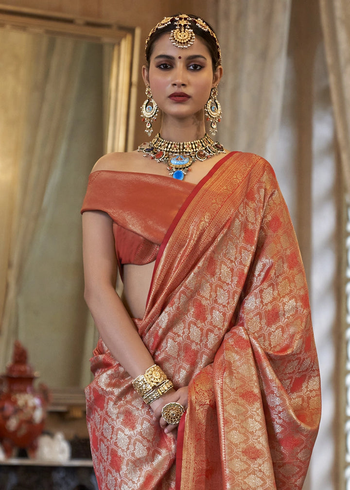 Metallic Orange Tissue Silk Saree with Intricate Zari Weaving