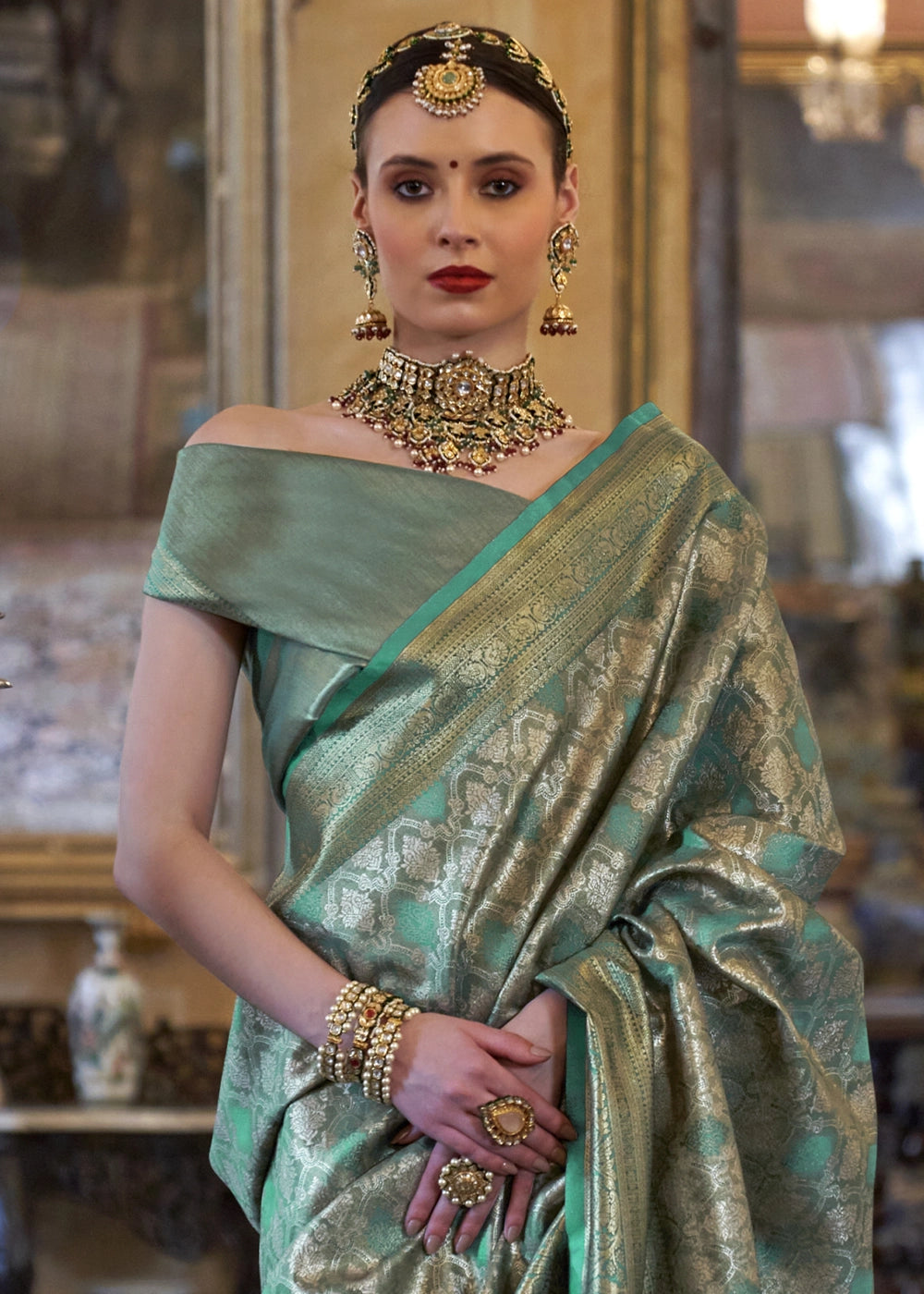 Paris Green Tissue Silk Saree with Intricate Zari Weaving