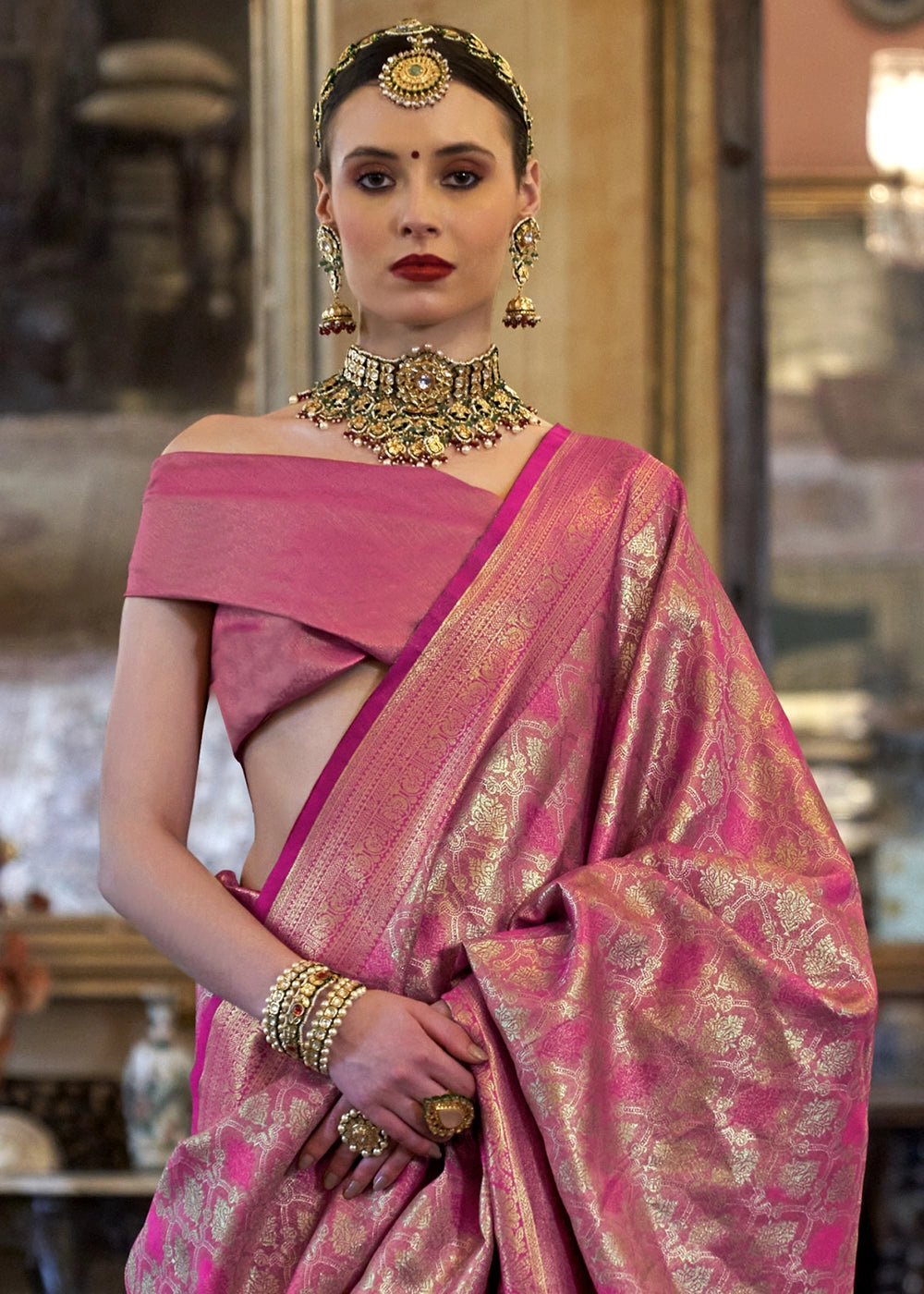 Metallic Pink Tissue Silk Saree with Intricate Zari Weaving