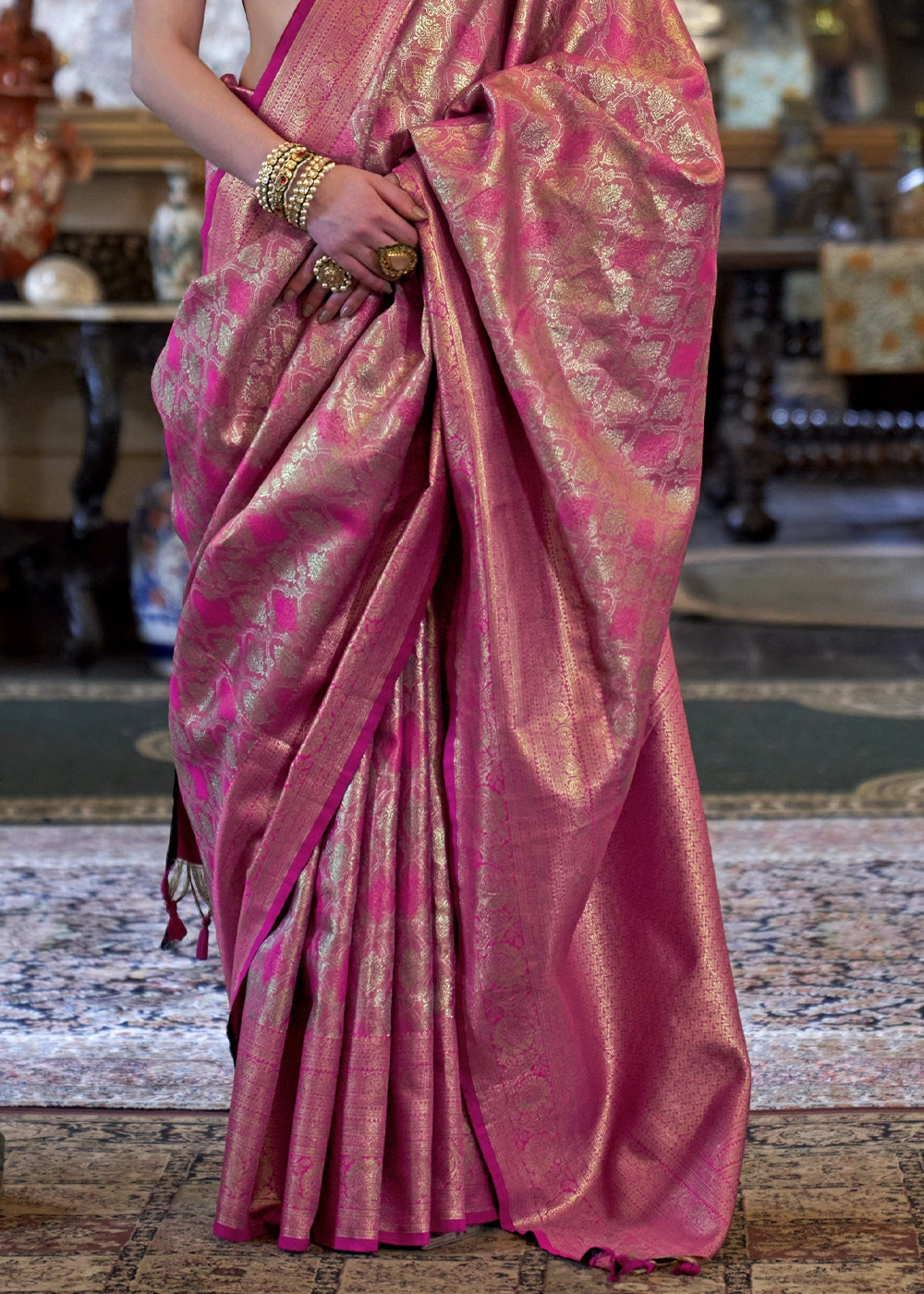 Metallic Pink Tissue Silk Saree with Intricate Zari Weaving