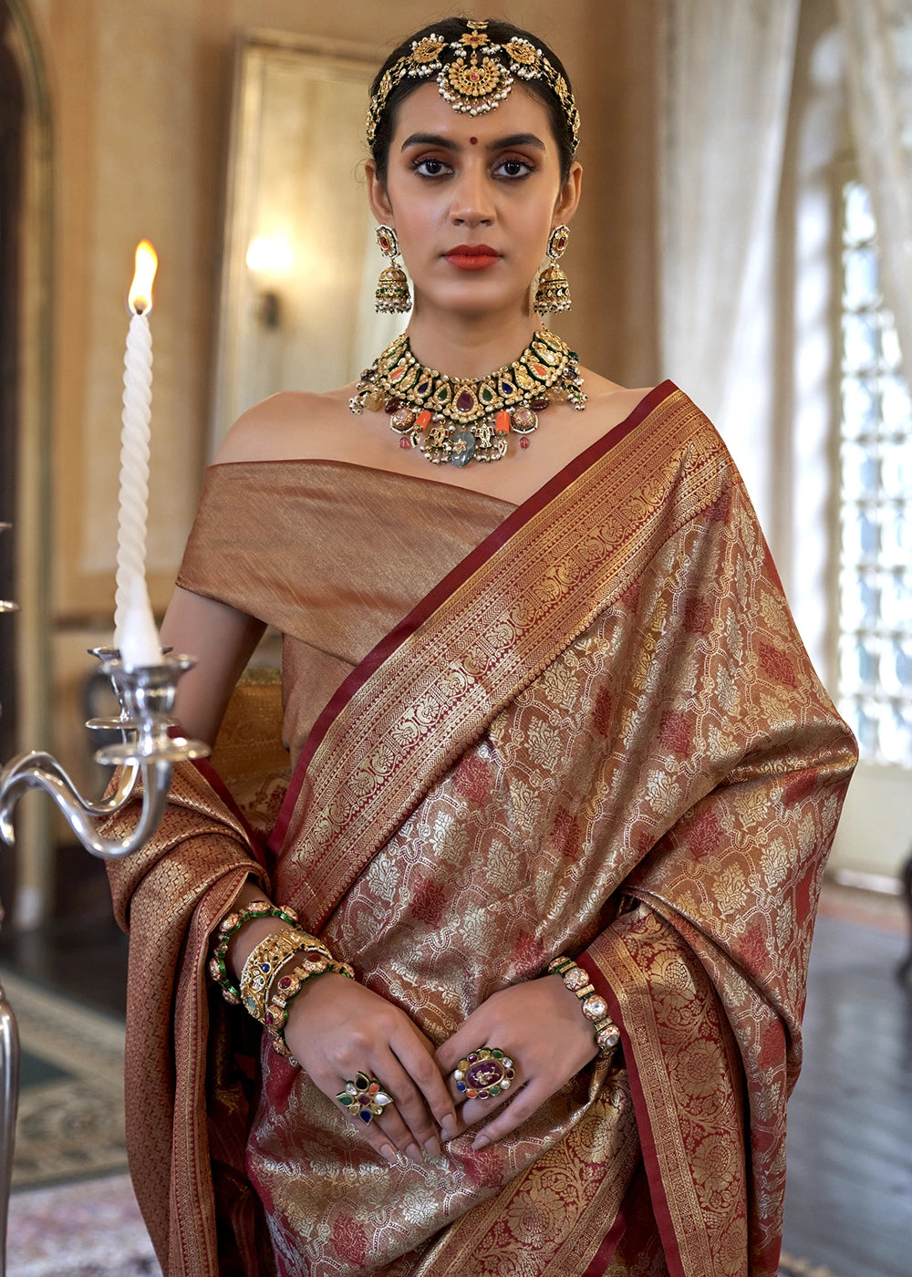 Metallic Brown Tissue Silk Saree with Intricate Zari Weaving