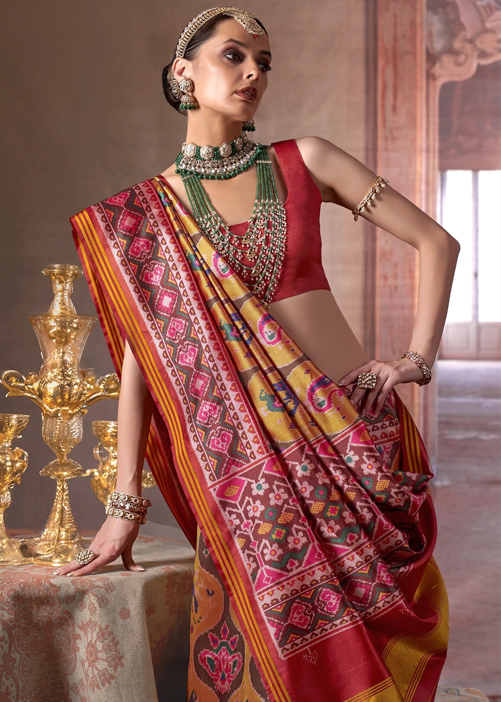 Mustard Yellow & Red Patan Patola Printed Silk Saree