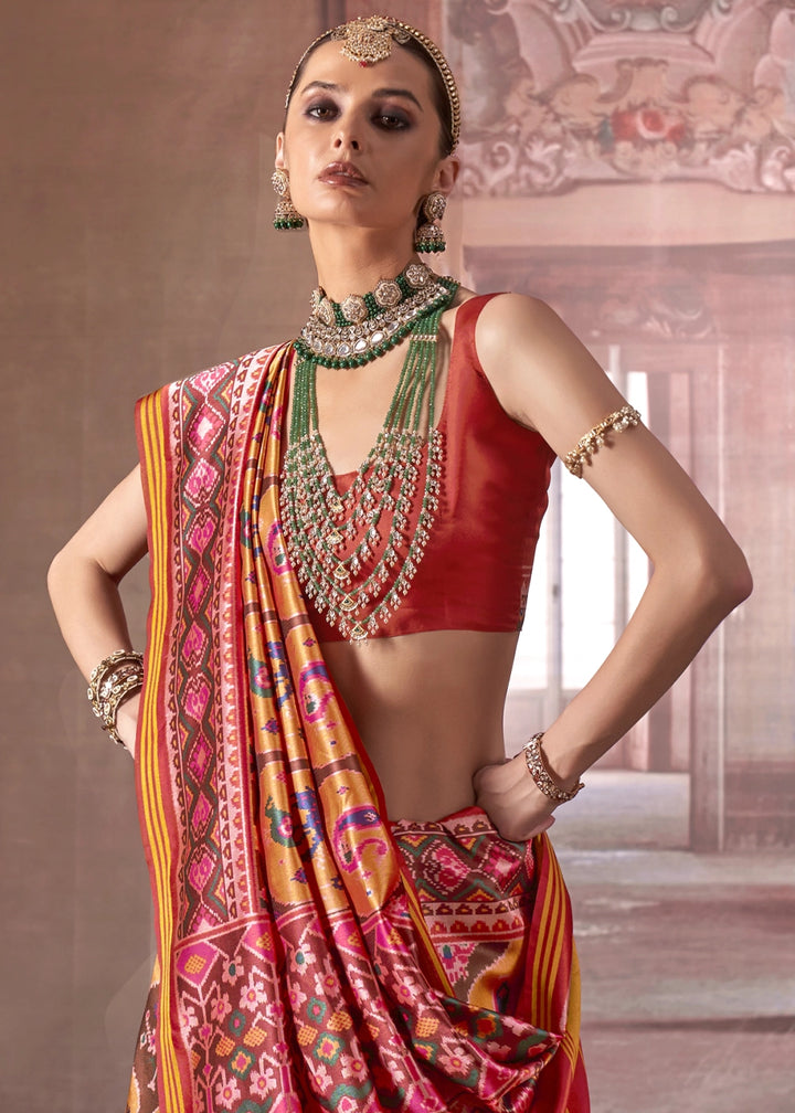 Mustard Yellow & Red Patan Patola Printed Silk Saree