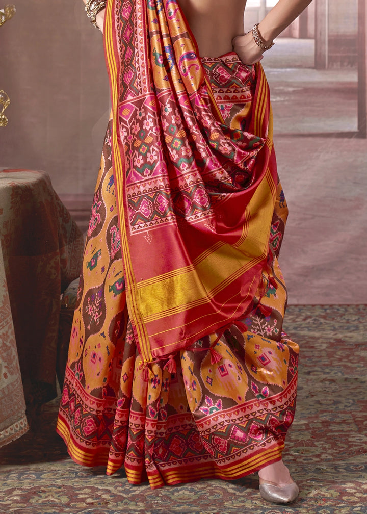 Mustard Yellow & Red Patan Patola Printed Silk Saree