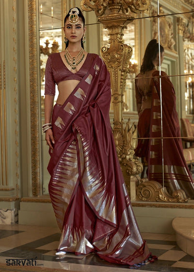 Maroon Brown Handwoven Soft Silk Saree with Zari Border